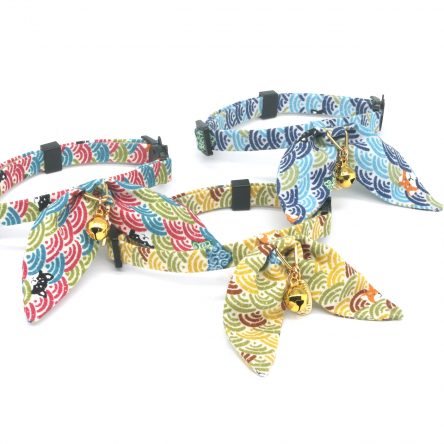 Bunny Ears Cat Collar With Japan Traditional Lucky Pendant, Cloud Ocean Pattern